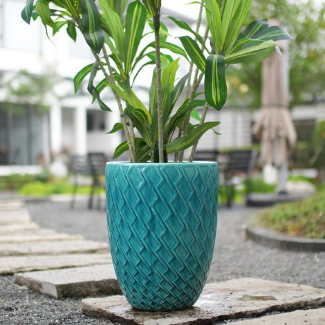 Grand pot de fleurs en céramique artisanale bleu cyan brillant à motif losanges, Ø 42 cm x H 54 cm, respirant, résistant au gel avec trous de drainage, pour grandes plantes d'intérieur et de jardin – (1/5)