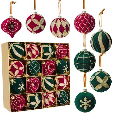 16 Boules Décoratives de Noël 8 cm, Ornements à Suspendre pour Sapin, Décoration Festive Maison Salon FêteVin et vert foncé (1/5)