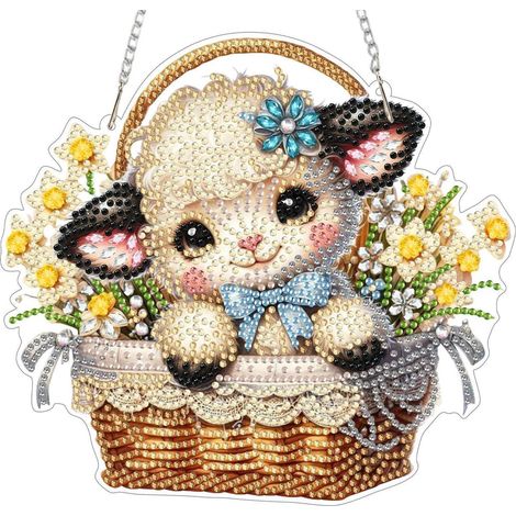 Diamant Painting Anhänger mit Kette, Lamm Blumen, 20x20cm, Wanddeko & Geschenk (1/4)