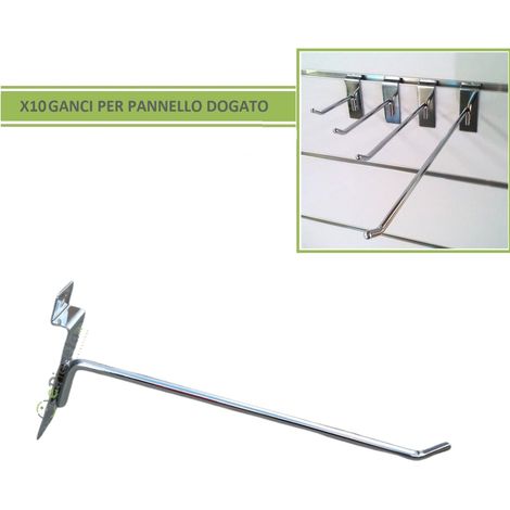 Set 10 ganci per pannello dogato da 30 cm in metallo argento lucido supporto a parete per arredo allestimento negozio