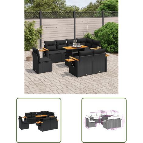The Living Store 9-tlg. Garten-Sofagarnitur mit Kissen Schwarz Poly Rattan - Gartenmöbel Set - PE-Rattan Möbel - Outdoor Lounge - Garten Sofa - Balkon Möbel (1/3)