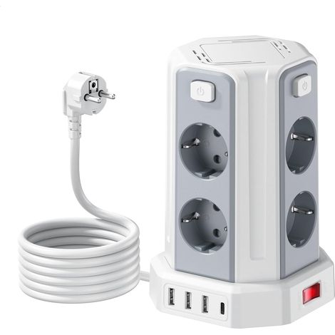 Multiprise avec Interrupteur 8 Prises 4 USB 2500W Rallonge Electrique 3M  3 USB-A + 1 USB-C Max 5V/3.4A, 4 Interrupteurs, Parafoudre, Pour Maison et Bureau (1/5)