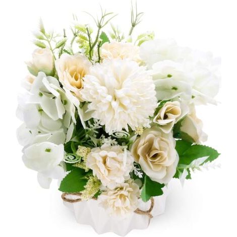 Künstliche Blumen mit Vase, künstliche Hortensien-Rosen-Blumenarrangements, künstliche Blumen, künstliche Pflanzen für Heimdekoration, Hochzeitstisch, Fenster, Wohnzimmer, Schlafzimmer, Büro – Weiß