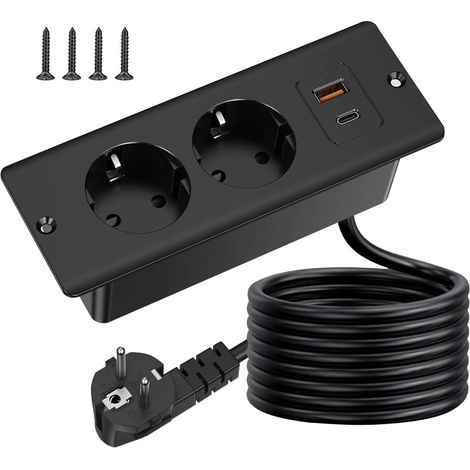 Multiprise encastrable avec USB et type C, 4 en 1, 2 prises, plateau de table encastré avec câble de 2 m, multiprise pour bureau, noire (1/5)