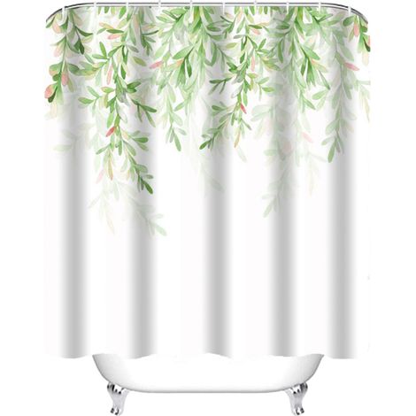1 rideau de douche, motif feuilles aquarelle, 183 cm x 183 cm, polyester imperméable, avec 12 crochets ABS (1/5)
