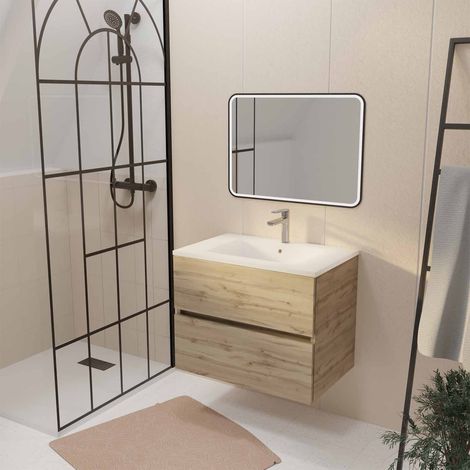 Mobile da bagno 70 Finitura Rovere Naturale 2 cassetti Lavabo bianco e Specchio Led 70x50
