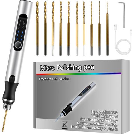 Mini Stylo Perceuse Électrique, Mini Perceuse Électrique à 3 Vitesses, Mini Perceuse Électrique Manuelle, Avec 10 Petits Forets, pour Porte Clés, Pendentif, Cuir, Bois, Résine, Plastique (Argent) (1/5)