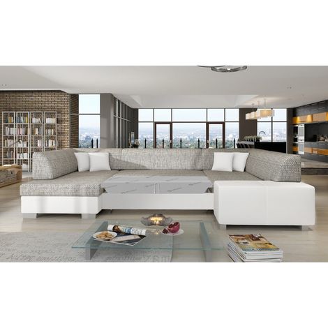 Sofá panorámico en U Gris & Blanco convertible 6 plazas HAVANA con baúl para ropa de cama