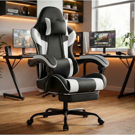 Silla de oficina gaming ergonómica con soporte lumbar, PVC negro y blanco HAVRYA (1/3)