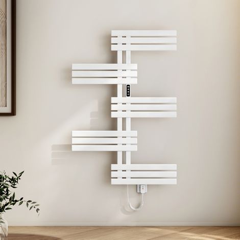 EMKE Sèche-serviettes électrique connecté 400 W, tubes plats, Radiateur sèche-serviettes mural salle de bain WiFi Tuya Smart, technologie Carbon, 117,5 × 80 cm, blanc