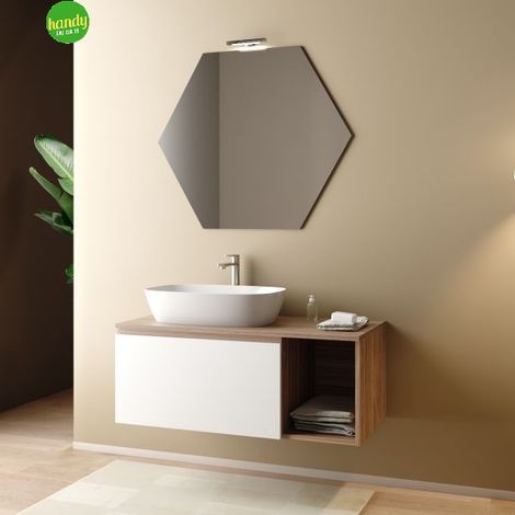 Mobile bagno sospeso con specchiera e lavabo da appoggio modello esagonal 105cm composizione completa - portuna noce scuro/bianco opaco Mobo (1/4)