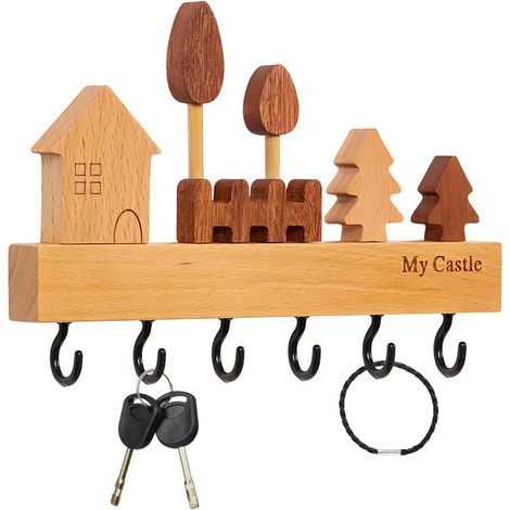 Wooden Wall Key Ring with 6 Sturdy Hooks, Key Hooks with 2 Installation Screws, Decorative Wall Key Ring for Living Room, Bathroom, Kitchen, Entrances and Corridors, 22.5 x 3 x 2 cm