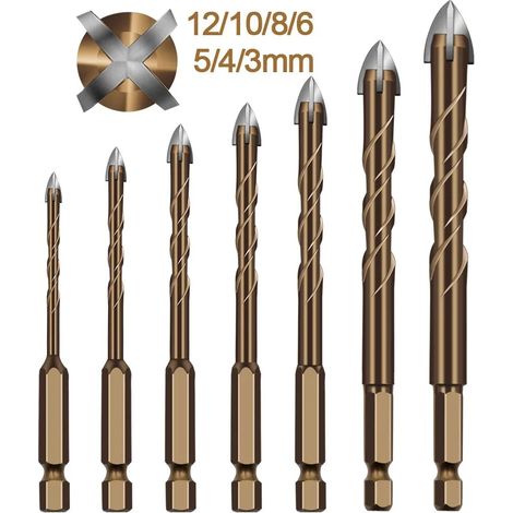 Broca triangular de aleación para sierra de corona, agujero hexagonal, vidrio, cemento, metal, cerámica, madera, plástico, tamaños: 3 mm, 4 mm, 5 mm, 6 mm, 8 mm, 10 mm, 12 mm (7 unidades)