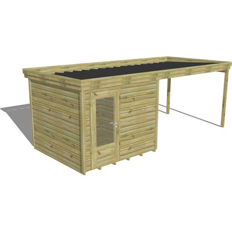 ABRI DE JARDIN bois Pin autoclave 27mm - 6,14x2,64m / 16,2m2 - Bac acier - Plancher bois (1/5)