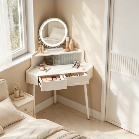 Toeletta angolare con specchio rotondo regolabile, 99 x 139 x 63 cm, bianco DESVIAE (1/4)