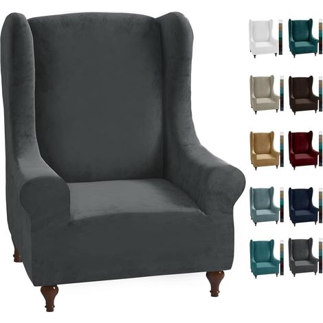 CHELZEN Housse de Fauteuil Élastique avec Oreilles 1 Pièce Velour Housse de Canapé Fauteuil à Dossier Large (Gris)