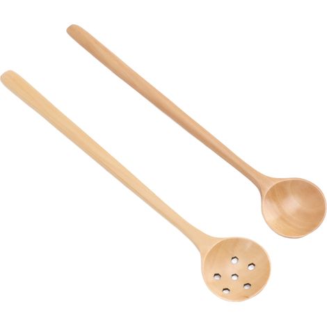 Lot de 2 cuillères en bois de hêtre, style japonais, petites, fines, à long manche et à ouverture ronde, pour remuer et servir.