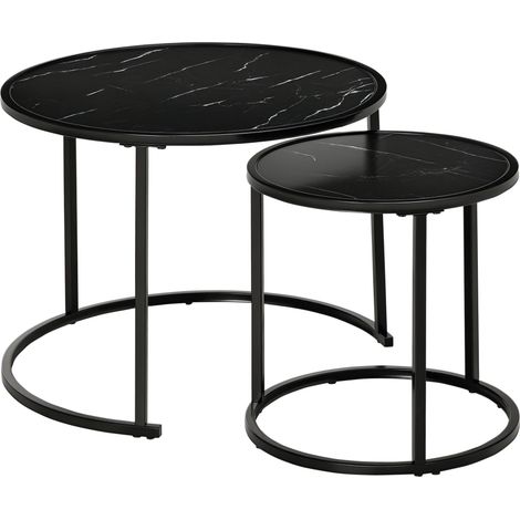 Ensemble de 2 tables d'appoint rondes empilables, gigognes avec plateau effet marbre Ø60x46 cm et Ø40x40 cm, noires