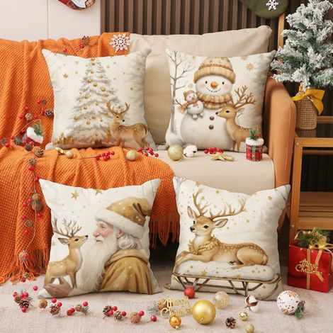 Housse Coussin Noel 45x45 Lot de 4 Housse Coussin,Ensemble de bonhomme de neige,Décoratif Taie d'oreiller pour Decoration Noel (1/5)