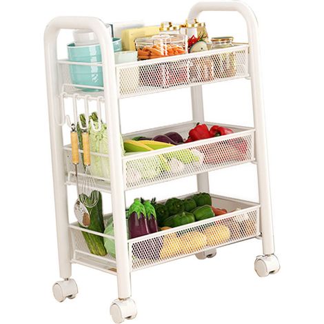 Chariot de rangement roulant étagères de stockage superposées paniers mobiles multifonctions pour snacks légumes étagères de cuisine blanc trois niveaux (1/5)