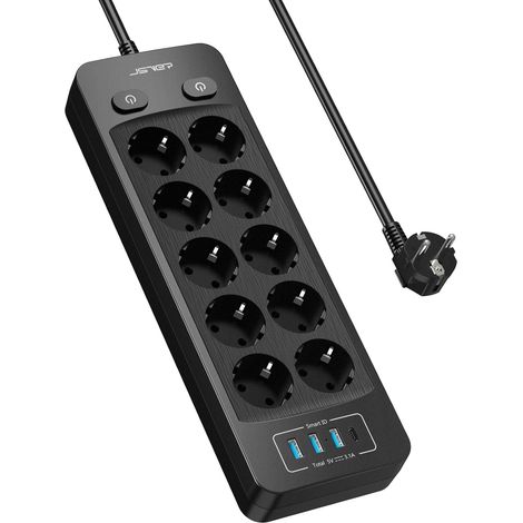 Multiprise USB 10 Prises avec 4 Ports USB Chargeur (5V3,1A/15,5W) Bloc Multiprises 16A Interrupteur avec Cable 2m pour Smartphone, Maison, Bureau-Noir (1/5)