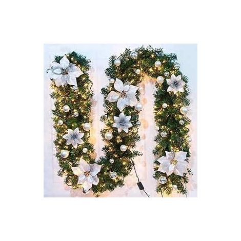Corona di Natale, corona di Natale 2,7 m, 200 rami, con bacche rosse e aghi di pino bianchi, decorazione natalizia per camino con gradini da giardino (argento)