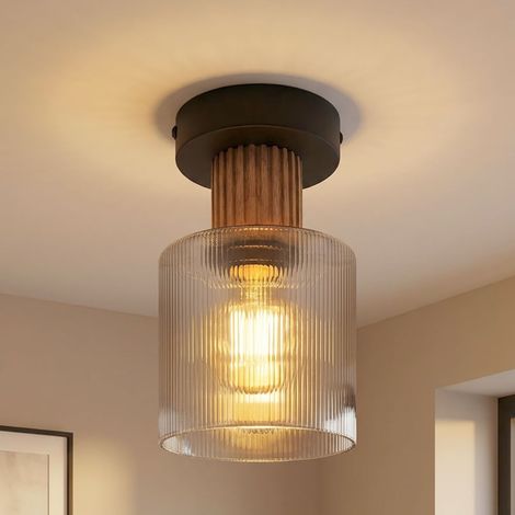 Plafonnier plafonnier chambre lumière 1 flamme lampe en bois verre fumée (1/5)