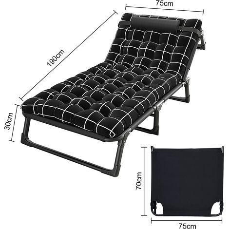 Klappbett, 4-fach verstellbare Rückenlehne, mit Kissen und Matratze, belastbar bis 200 kg, 190×75×35cm.