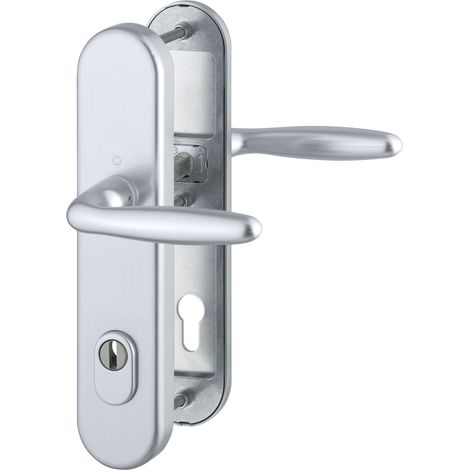 HOPPE Haustür Eingangstür Drückergarnitur VERONA - DIN-Norm Entfernung 92mm, silber eloxiert, Langschild Profilzylinder für Türstärke 67-72mm, mit Kernziehschutz, 1 Stück Sicherheitsbeschlag