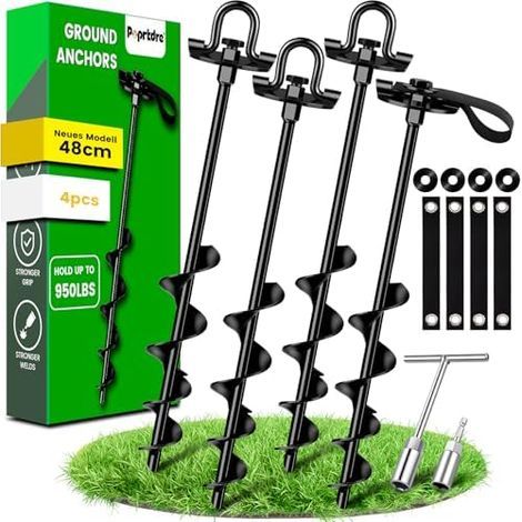 40cm 4-piece stakes with straps, double fixing for ground anchoring, sturdy screw-in stakes, ideal trampoline accessories, resistant to strong winds - (1/5)