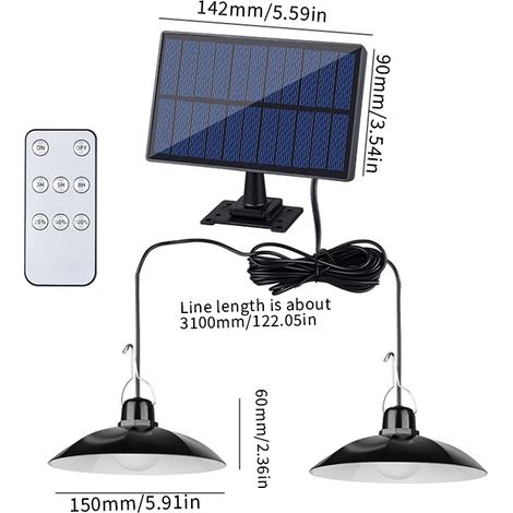 (Double K3008SX0-B) Suspension solaire simple/double LED à lumière blanche avec télécommande, idéale pour le camping et le jardin. (1/5)