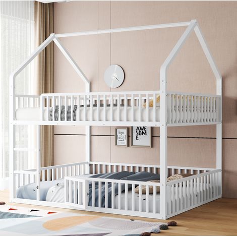 Letto a castello a casetta 140x200 cm in metallo bianco, con scala frontale, sponde di sicurezza e porta inferiore (1/5)