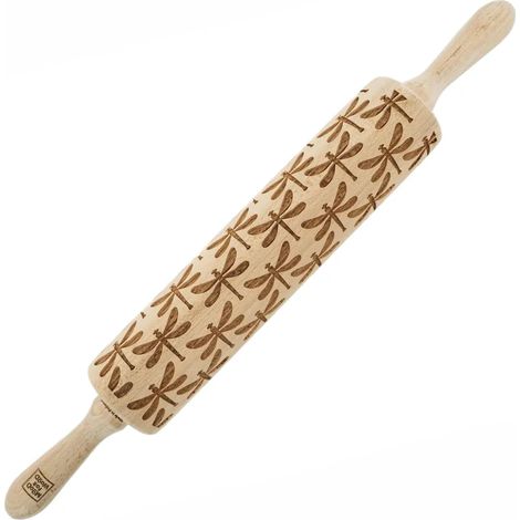 Rouleau à pâtisserie en bois MoodForWood, gravé, 43 cm, avec poignées, idéal pour la pâtisserie - motif libellule (1/5)