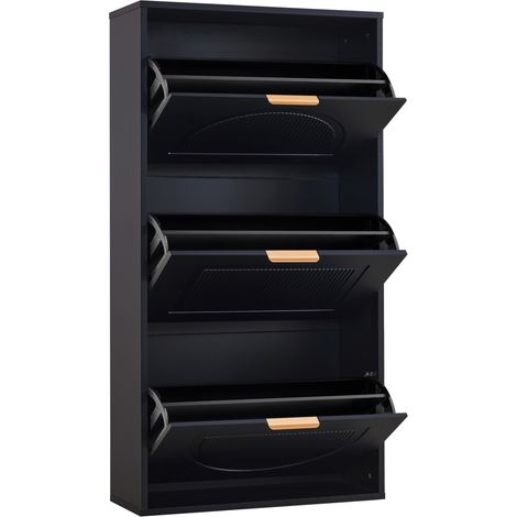 Schmale Schuhkommode mit 3 Klapptüren, schwarzer Schuhschrank 60 x 24 x 114 cm (1/5)
