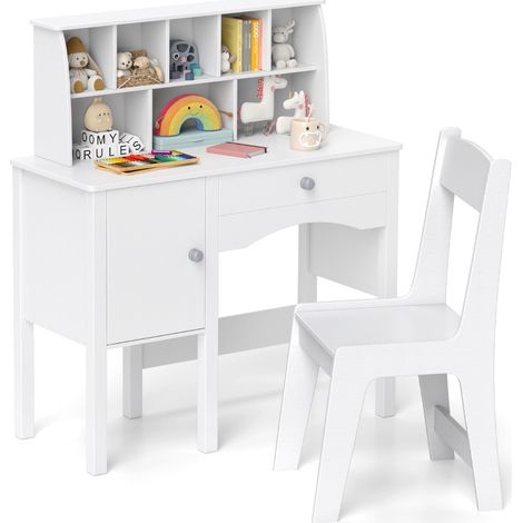 Set scrivania e sedia per bambini per studente con postazione per computer per camera da letto, Tavolo per lavoro in legno con sedia Bianco (1/4)