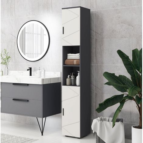 Meuble de salle de bain colonne étroite moderne en bois gris foncé 30 x 30 x 183 cm avec 2 portes, 2 niches et étagères réglables (1/5)
