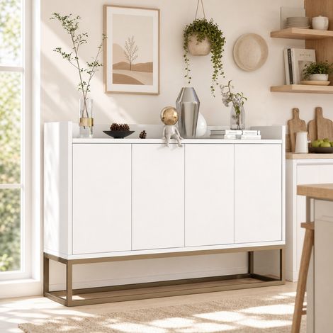 Buffet de cuisine blanc 120x40x80 cm, 4 portes, étagères réglables, panneaux d’aggloméré et métal, meuble rangement moderne pratique pour salon et cuisine