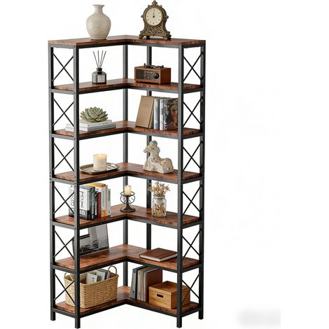 Bibliothèque d'angle en métal et bois, design industriel, 7 étagères (1/5)