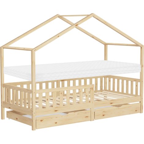 ML-Design Letto a Casetta per Bambini 90x200 cm in Legno di Pino Naturale con Materasso H10 cm, Sponde di Sicurezza e 2 Cassetti Contenitore, Lettino Montessori a Pavimento, Giroletto Cameretta