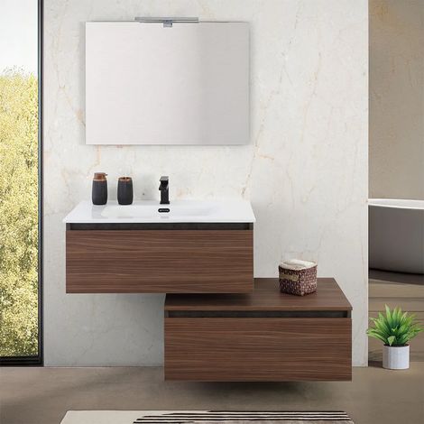 Mobile bagno sospeso 80 cm ossido e noce con cassetto sfalsato Kleo (1/5)