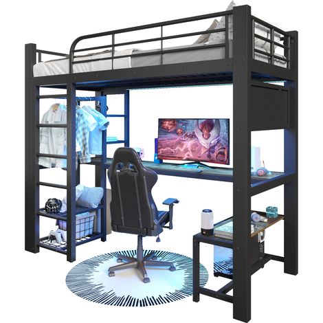 Lit mezzanine 90x200 cm en métal noir avec bureau, LED, rangements, penderie et panneau perforé, sans matelas, pour chambre compacte - CHICFURN (1/5)