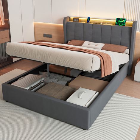REDOM Lit adulte 140x190 cm gris en velours – Lit avec grand coffre de rangement, Tête de lit avec éclairage LED intégré et ports USB intégrés – Style minimaliste (1/5)