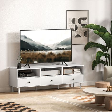 Meuble TV avec tiroirs et étagères ouvertes 140 cm blanc pour TV jusqu'à 75 pouces (1/5)
