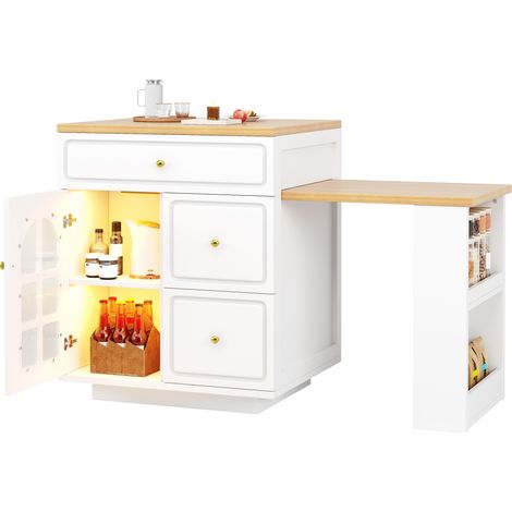 CHICFURN Isla de cocina extensible con LED RGB, cajones y vitrina de vidrio, mesa ajustable de 122,5 a 195,5 cm, mueble auxiliar blanco para cocina y comedor (1/5)