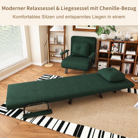 Relaxsessel mit Liegefunktion, 5-fach verstellbare Rückenlehne, Chenille-Bezug, ausklappbare Zusatzstützen, 180° Liegeposition, Lesesessel zum Entspannen, Schlafsessel, Dunkelgrün(Foldable Sofa Chair) (1/5)