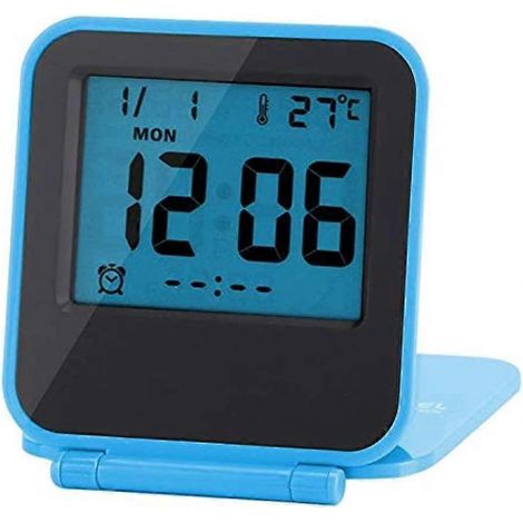 Mini réveil numérique pliable et multifonctionnel portable avec affichage LED, calendrier, température, date et jour de la semaine (bleu). Pile non incluse. (1/5)