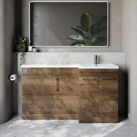 Napoli 390 Tobacco Oak 1500mm 3 Door Vanity Unit Toilet Suite with Right Hand Square Lucia Basin - 1500mm - Gunmetal Grey 160mm HandleWithout Kingston Toilet Pan