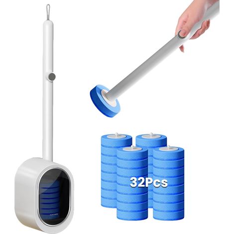 Brosse WC Jetable avec 32 Têtes de Rechange, Suspendu Brosse Toilette Jetable avec Nettoyant Intégré, Kit de Nettoyage de Toilettes avec Support Mural (Ensemble Brosse WC Blanche + 32 recharges) (1/5)