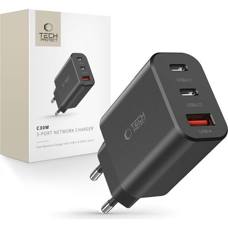 NC30W 2x USB-C/USB-A 30W Wandladegerät – Schwarz (1/5)