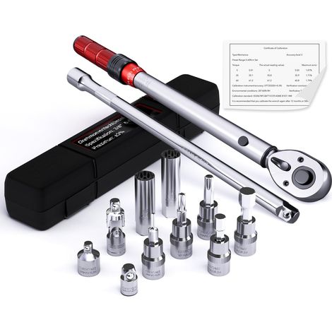 Clé Dynamométrique 3/8", 5-60 Nm, Avec Adaptateur 3/8" vers 1/2" et 1/4", Tige d'Extension de 250 mm, Douille de Bougie d'Allumage, Tête à Cliquet, Vélo (1/5)
